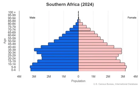 This is a population pyramid for the countries in Southern Africa. These countries are Botswana, Eswatini, Lesotho, Namibia, South Africa.