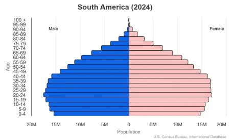 South America Population Pyramid - illustrating the 2024 age and sex structure of a region's populations.
